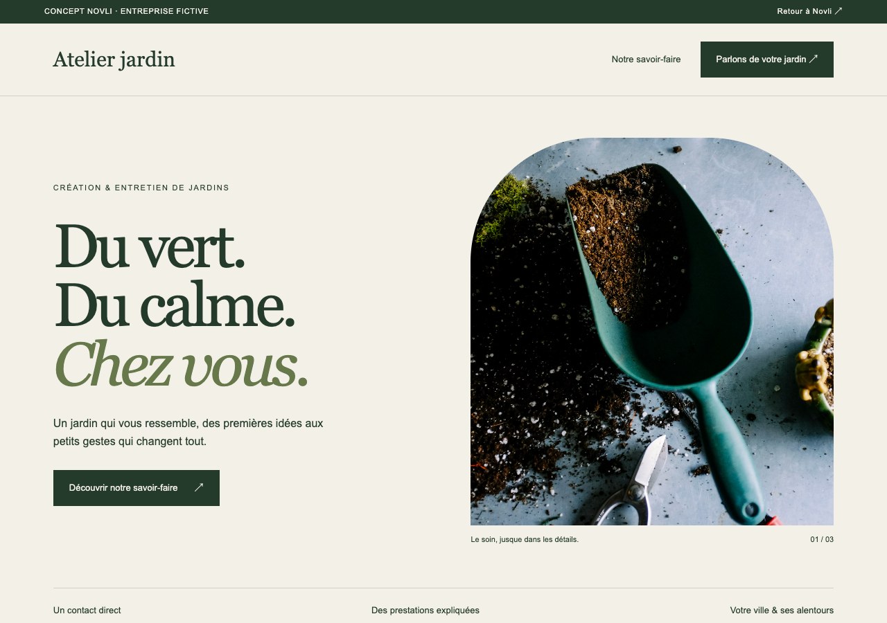 Aperçu du site Atelier jardin : une composition vert forêt et crème, une grande photographie et des prestations lisibles.